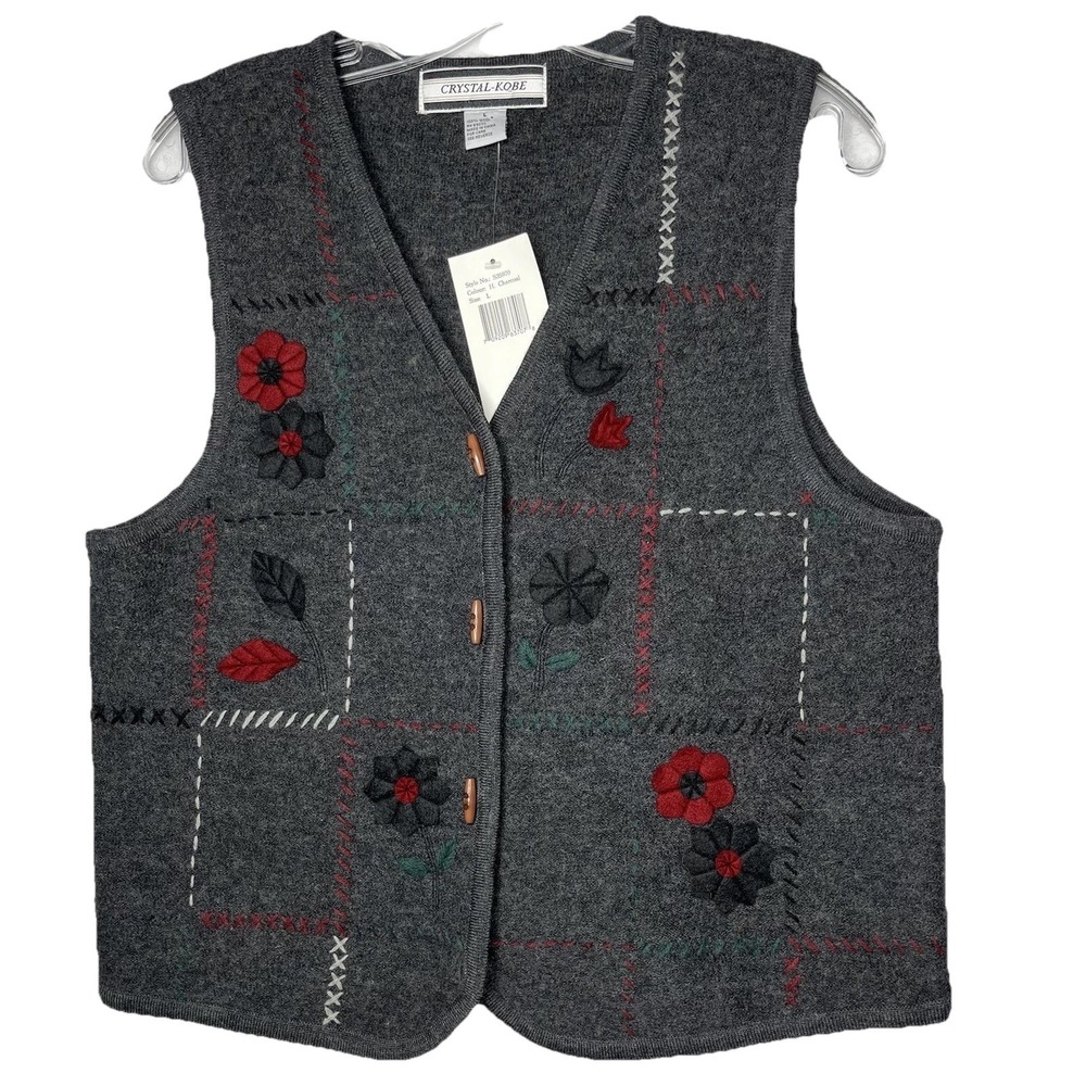 NWT Crystal Kobe Sweater Vest Charcoal Gray Women L 100% Wool‎ Felted Flowers